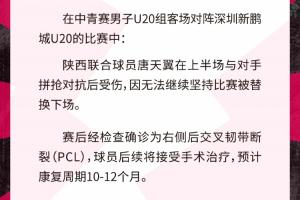 大伤！陕西结合官方：19岁唐天翼后交叉韧带断裂 将伤停10-12个月