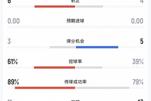 巴黎vs维拉全场数据：射门12-15，射正6-4，控球率61%-39%