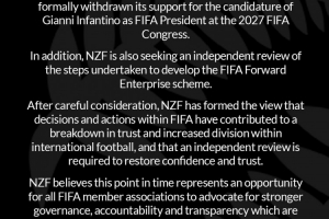 新西兰足协申明：撤回对因凡蒂诺竞选FIFA主席的支持