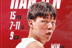 启发者官方晒杨瀚森世预赛数据海报：15分9板1助1帽 投篮11中7