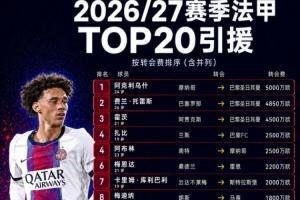 法甲夏窗TOP20：阿克利乌舍5000万欧成标王，费兰4850万欧第二