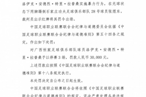 中足联官方：广西恒宸表援拉普辛执行暴力行为，禁赛3场？3万元